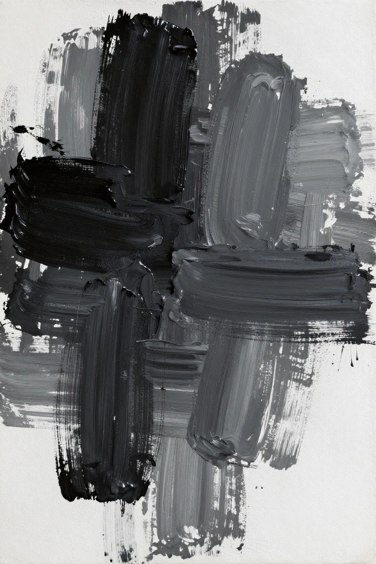 Abstract acrylic painting featuring thick, intersecting black and gray brushstrokes on a white background.