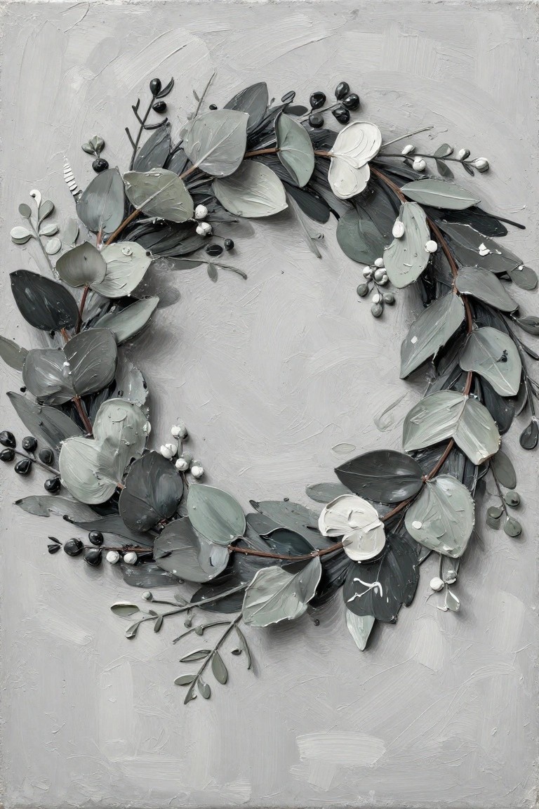 Textured acrylic painting of a circular wreath made from gray eucalyptus leaves, black berries, and white seed pods on a light gray background.
