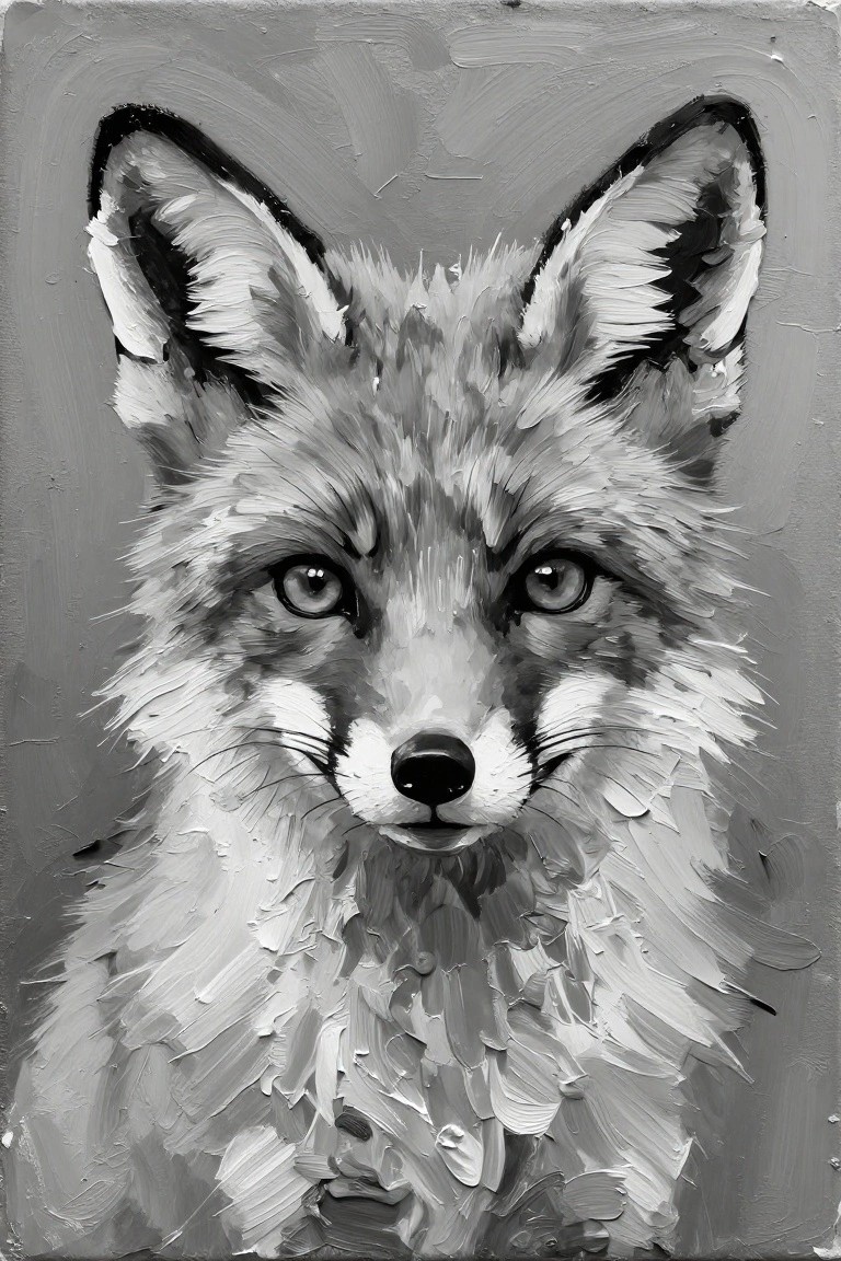 Black and white acrylic portrait of a fox's face with textured gray fur, dark eyes, and subtle gray background.