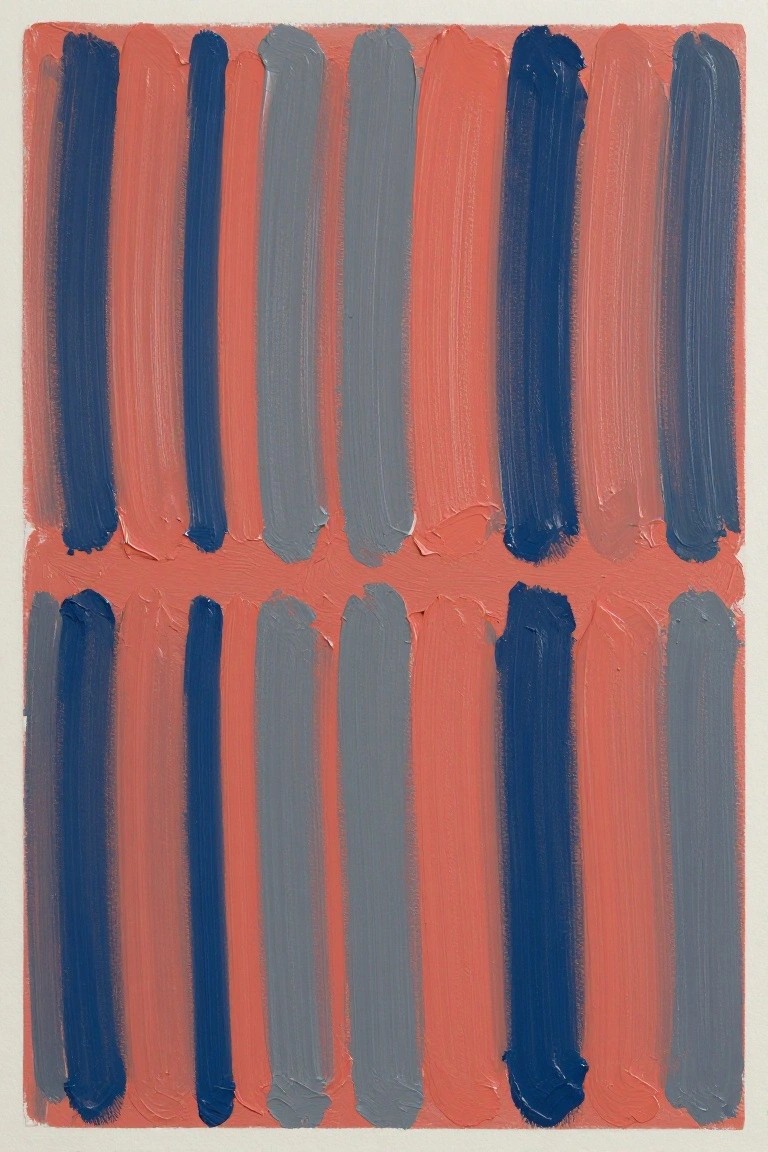 Abstract acrylic painting of vertical stripes in navy blue, gray, and coral orange with thick, textured brushstrokes.