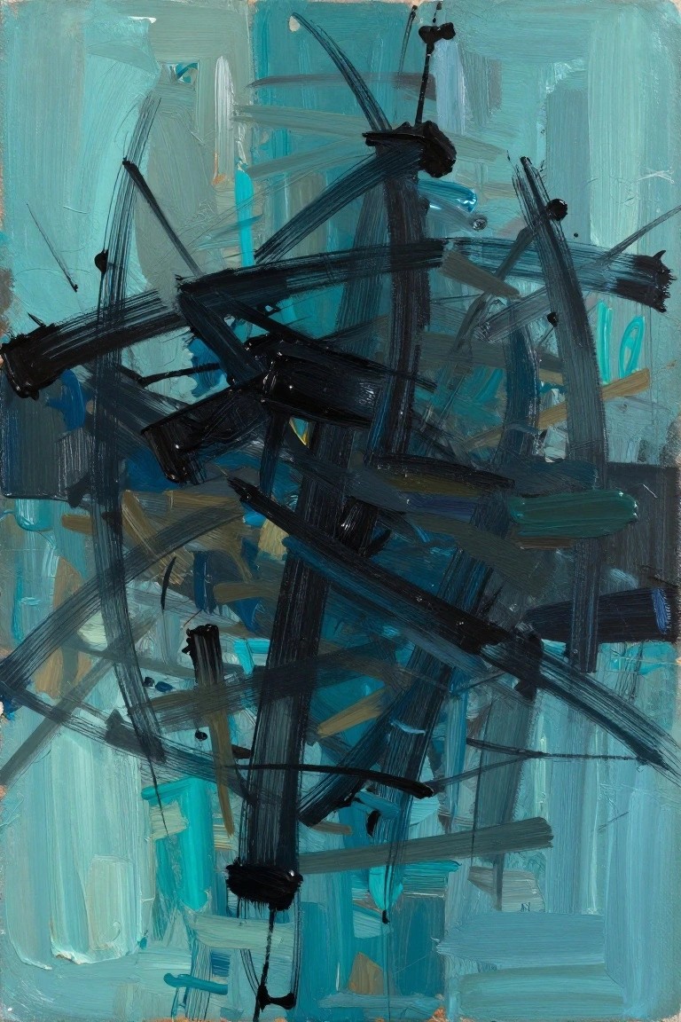 Abstract acrylic painting with bold black lines and shapes crossing over a teal background.