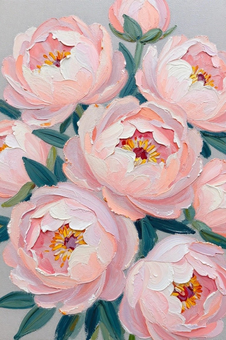 Acrylic painting of clustered soft pink and white peonies with green leaves on a gray background.