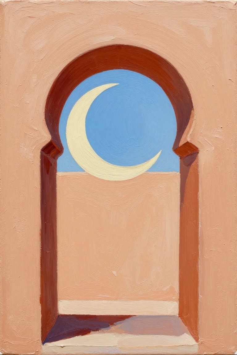 Acrylic painting of a terracotta Moroccan arch framing a yellow crescent moon in blue sky against pink walls with visible brushstrokes.