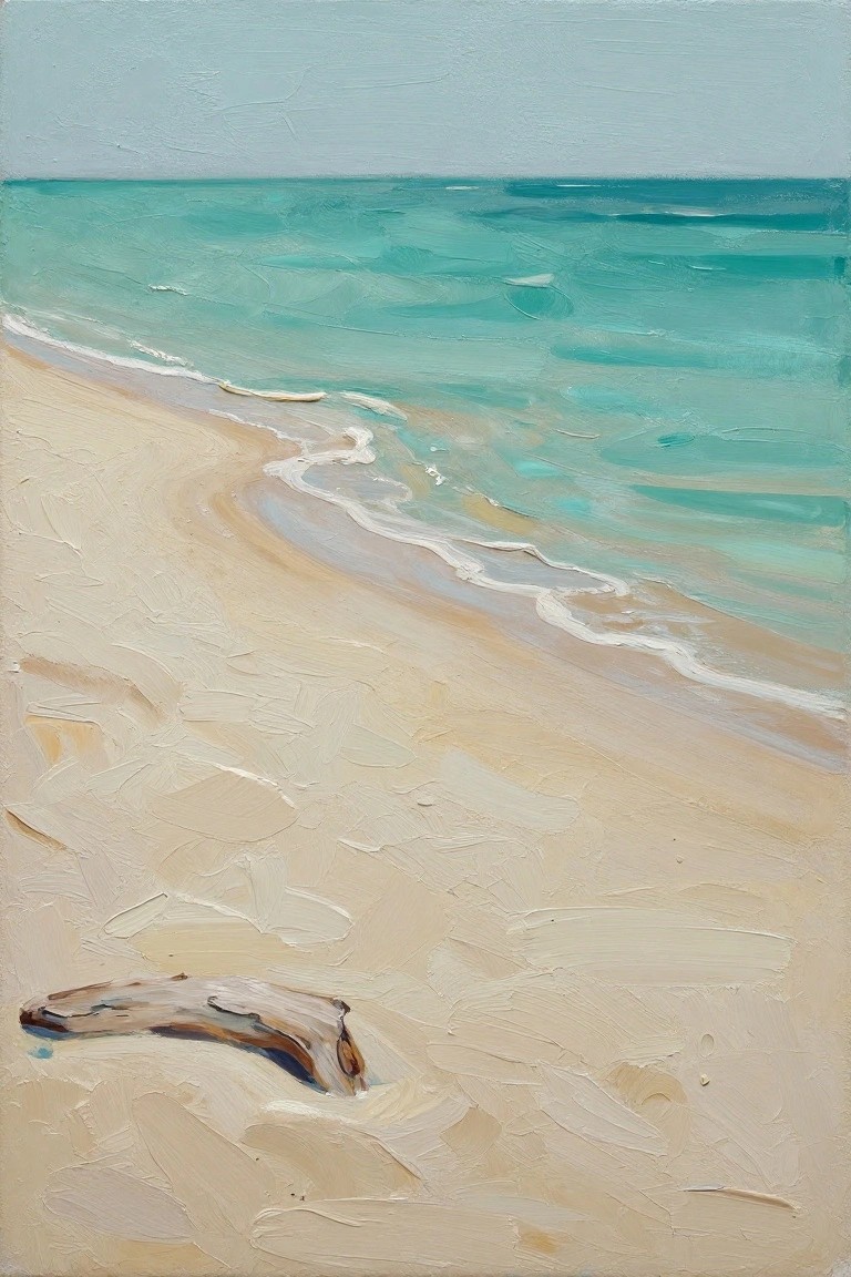 Acrylic painting of a driftwood log on sandy beach curving toward turquoise ocean waves under light sky.