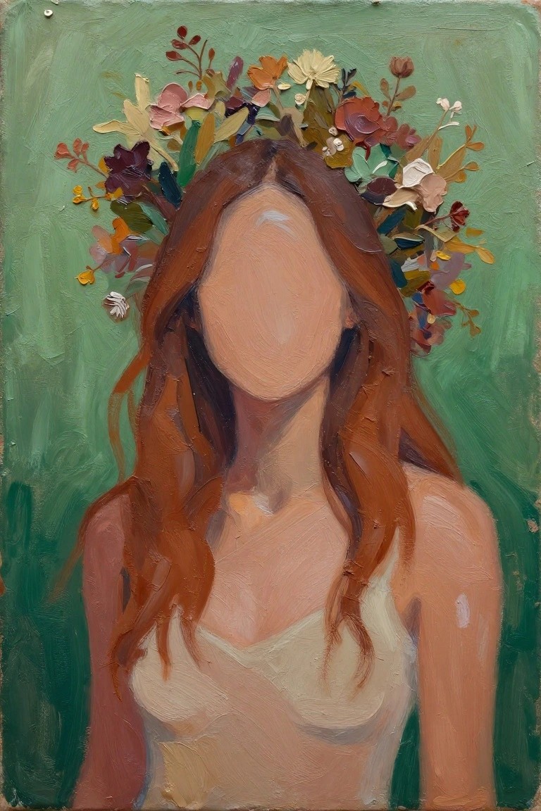 Acrylic painting of a faceless woman with long wavy red hair, colorful flower crown, white top, and green background.