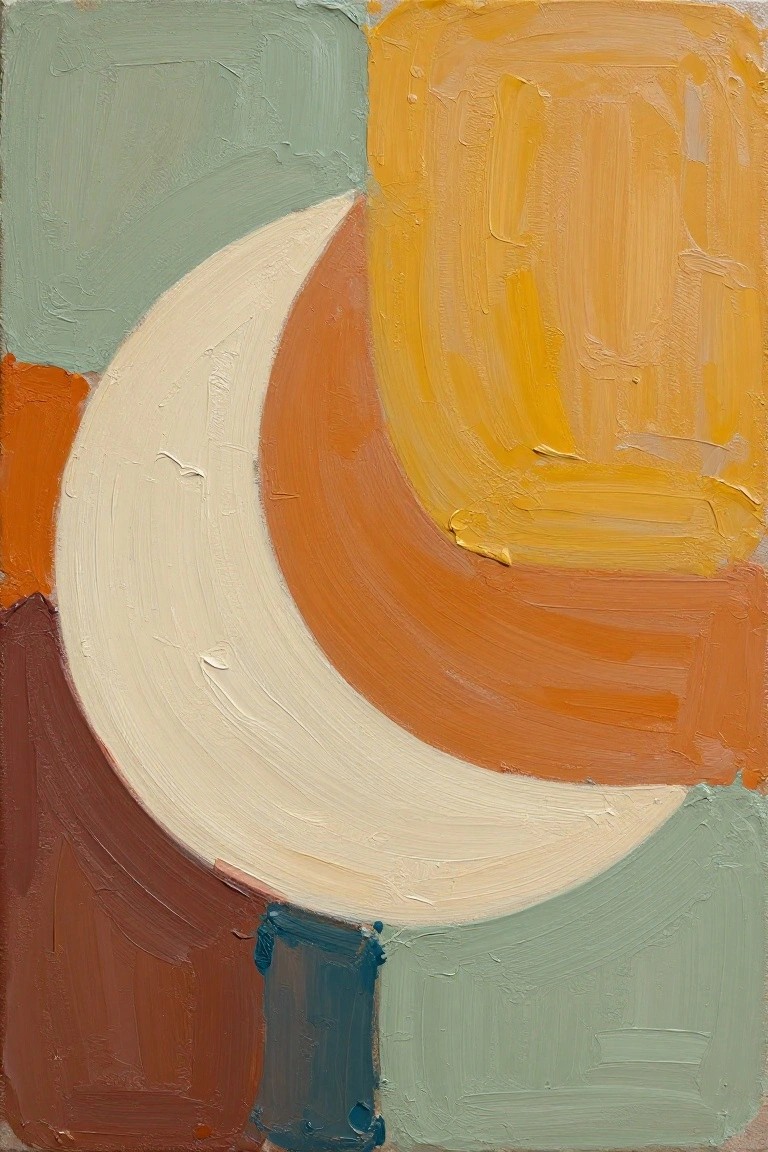 Abstract acrylic painting with a central white crescent moon shape surrounded by geometric blocks of teal, orange, yellow, brown, and blue paint applied in thick, textured strokes.