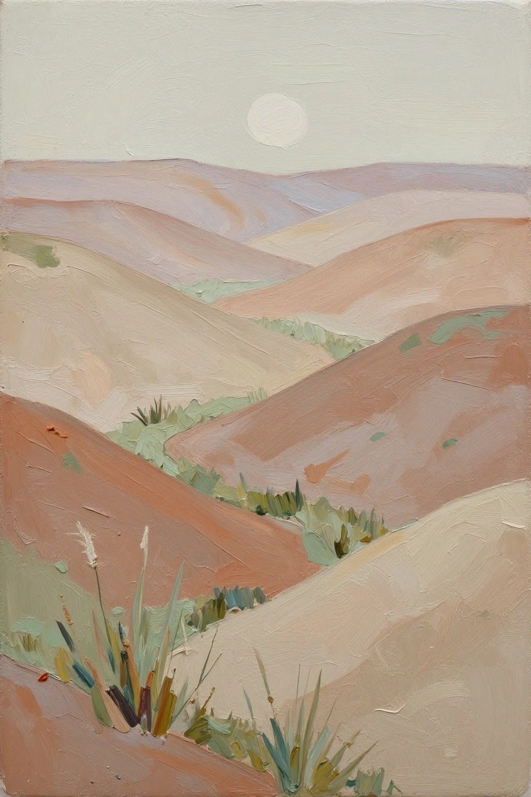 Acrylic painting of rolling hills in soft pink, beige, and tan tones with green grasses in the foreground, layered distant hills, and a white sun in a pale sky.
