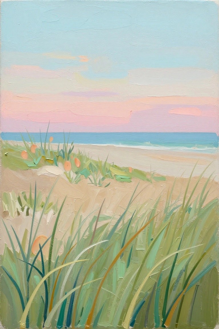 Acrylic painting of tall green sea grass with orange seed heads in foreground, sandy dunes, beach, blue ocean, and sky gradient from blue to pink at sunset.
