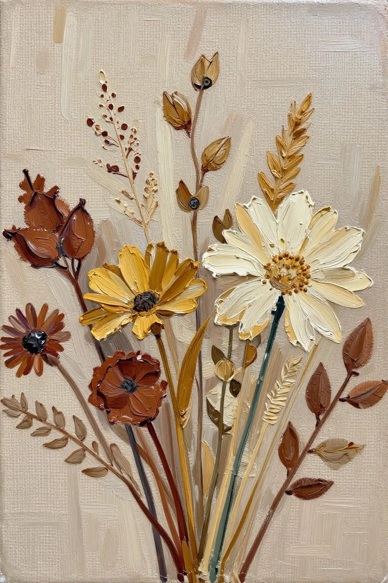 Acrylic impasto painting of a bouquet with beige and yellow daisies, rust poppies, brown seed pods, and golden grasses on beige canvas.