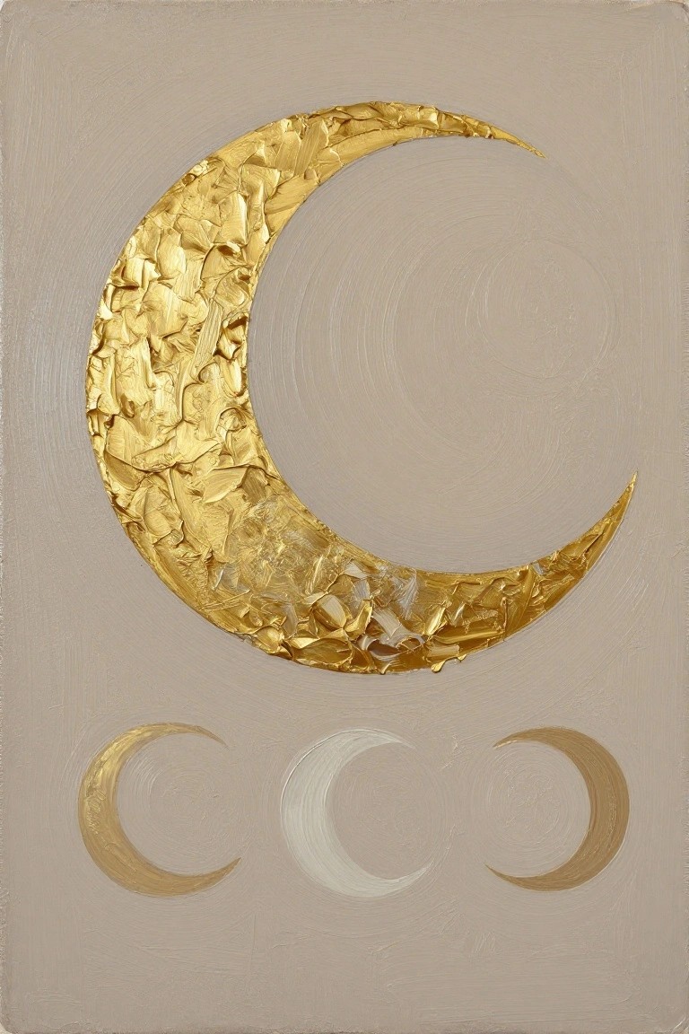 Beige canvas featuring a large textured gold crescent moon at center with three smaller moons—one white, two gold-outlined—at the bottom.