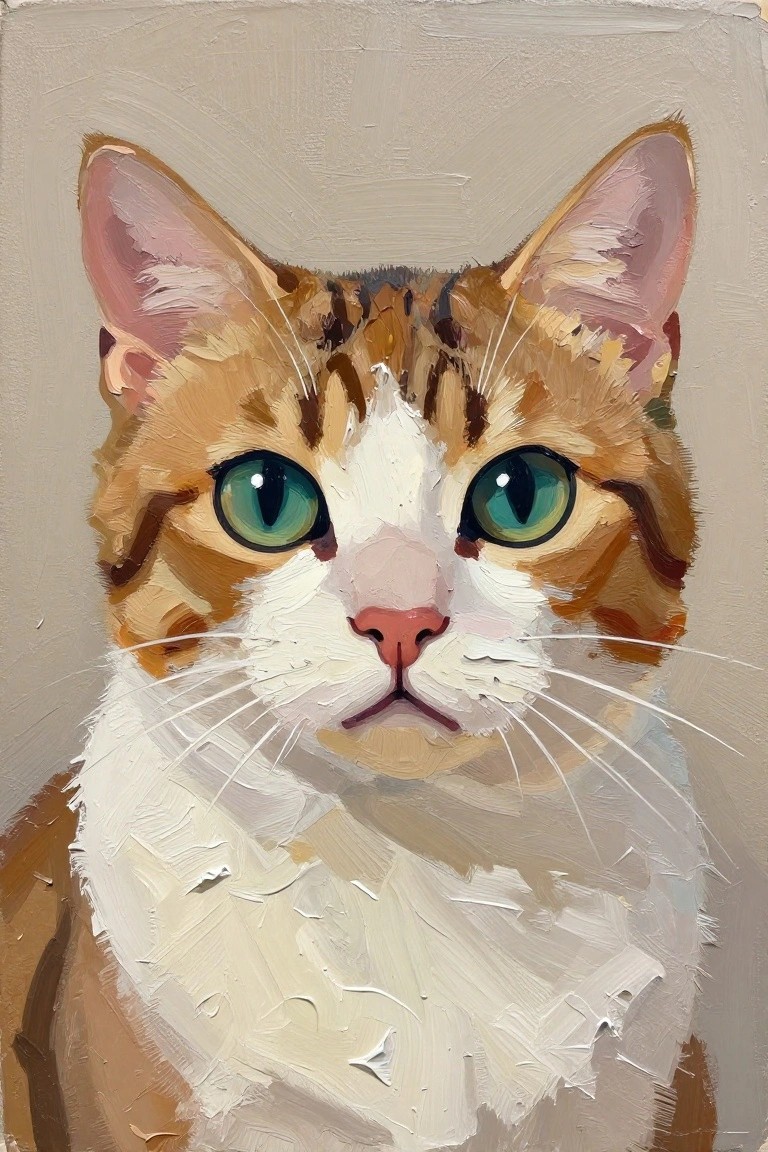 Close-up acrylic painting of an orange tabby cat face with green eyes, white muzzle, and textured fur on beige background.