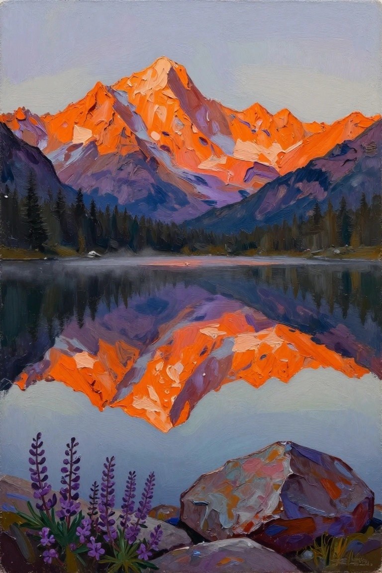 Acrylic painting of an orange-glowing mountain peak and purple forests reflected in a calm blue lake, with foreground purple lupine flowers and gray rocks.