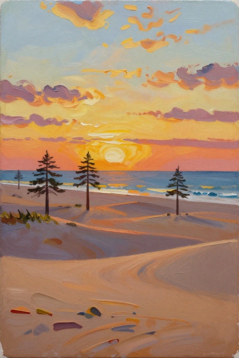Acrylic painting of pine trees silhouetted on sand dunes against a colorful sunset over the ocean.