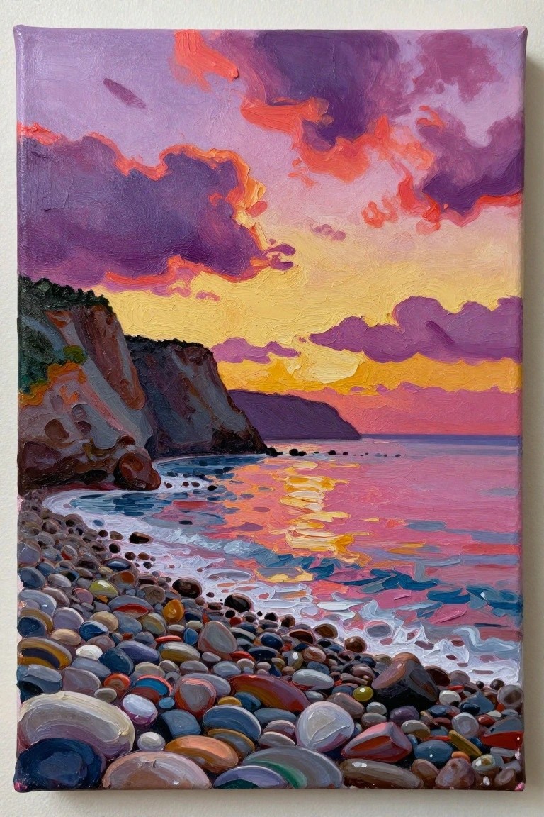 Acrylic painting of a vibrant purple-orange sunset over pink water, cliffs, and a foreground of multicolored pebbles on a beach.