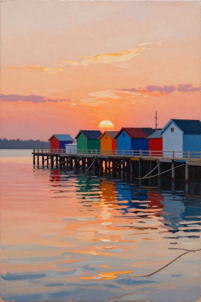 A row of colorful huts on a pier reflects in calm water under a pink-orange sunset sky.