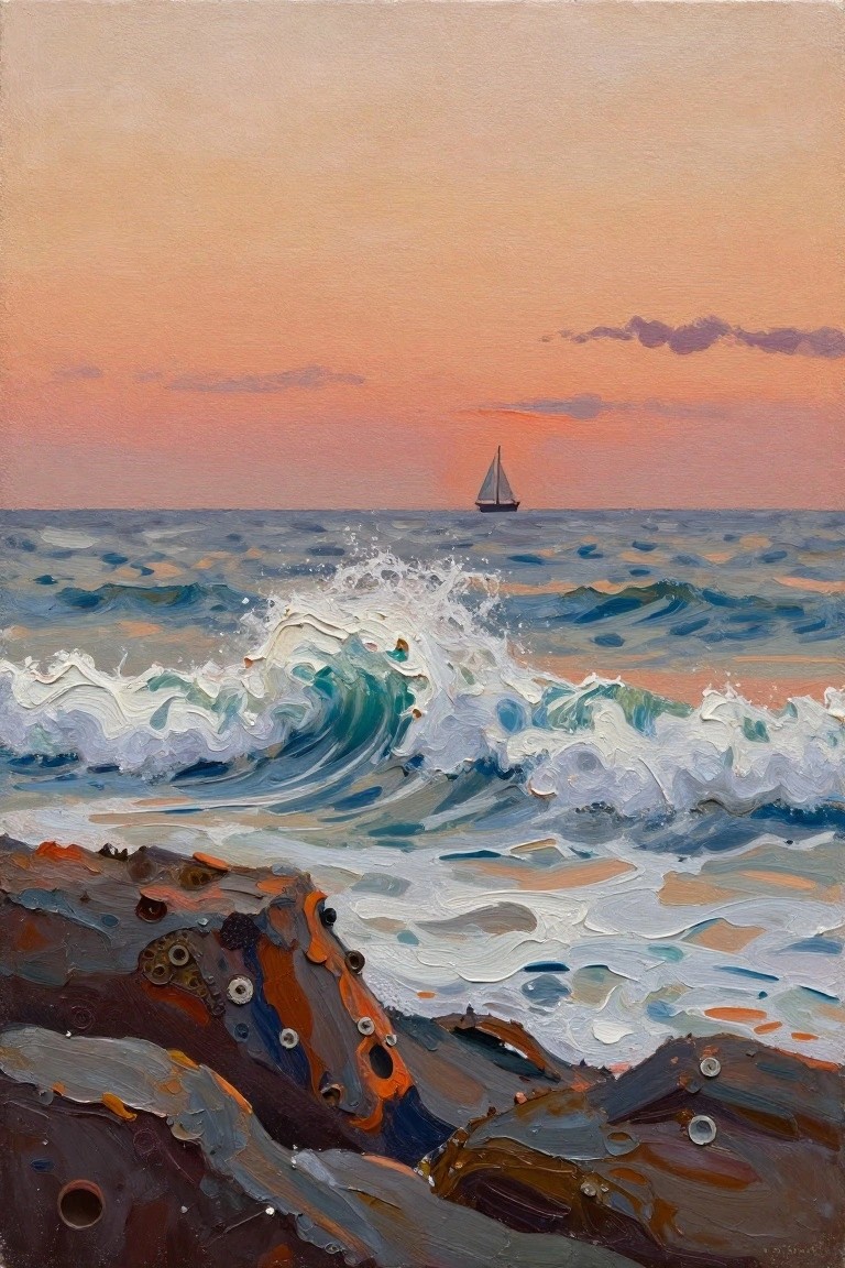 Acrylic painting of a sunset seascape featuring textured orange-brown rocks with barnacles in the foreground, crashing blue-green waves, and a distant black sailboat against a pink-orange sky.