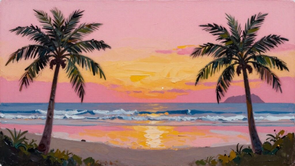 Acrylic painting of two palm trees framing a sunset over the ocean on a pink-tinted beach with waves, rocks, and plants in the foreground.