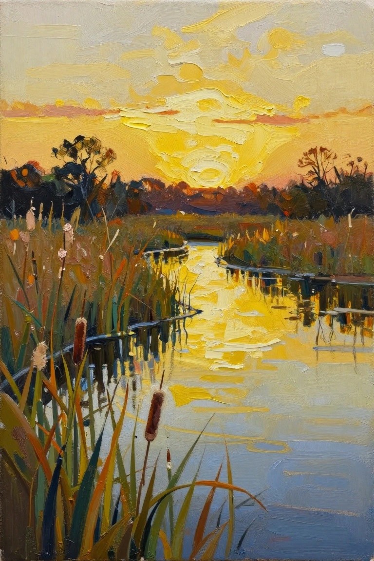 Textured acrylic landscape painting of a golden sunset reflecting in a stream winding through tall reeds and marsh grasses with distant trees.