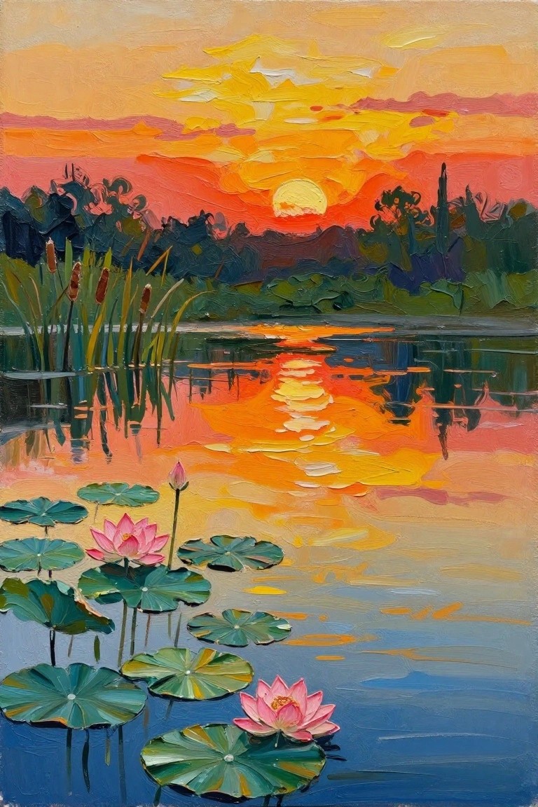 Acrylic painting of a vibrant orange sunset reflecting on a blue pond with pink lotus flowers, green lily pads, reeds, and distant trees.