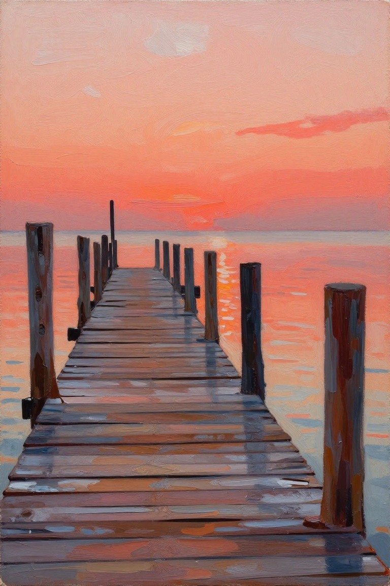 Acrylic painting of a wooden pier extending into calm orange-pink sunset waters with reflections and posts.