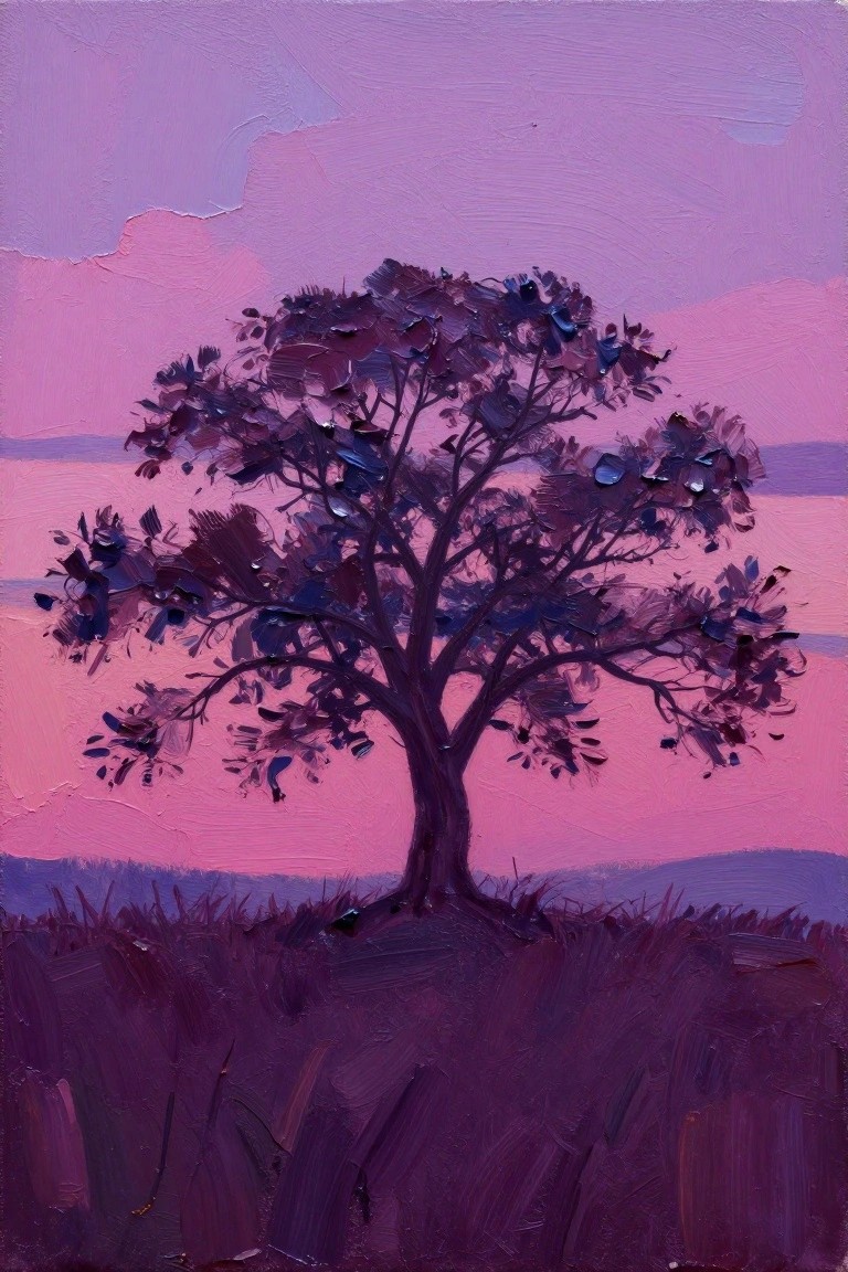 Dark purple tree silhouetted against a textured pink-purple sunset sky with purple grass in the foreground.