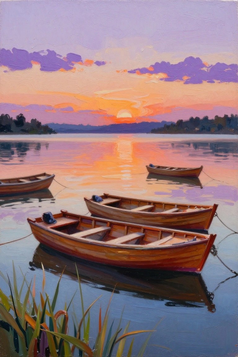 Acrylic painting of wooden rowboats tied on a calm lake at sunset with orange sky reflections, purple clouds, distant trees, and foreground reeds.