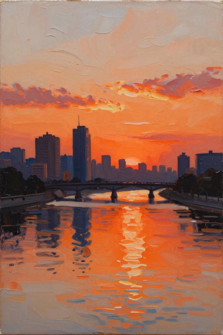 Acrylic painting of silhouetted city buildings and bridge at orange sunset, reflected in a river.
