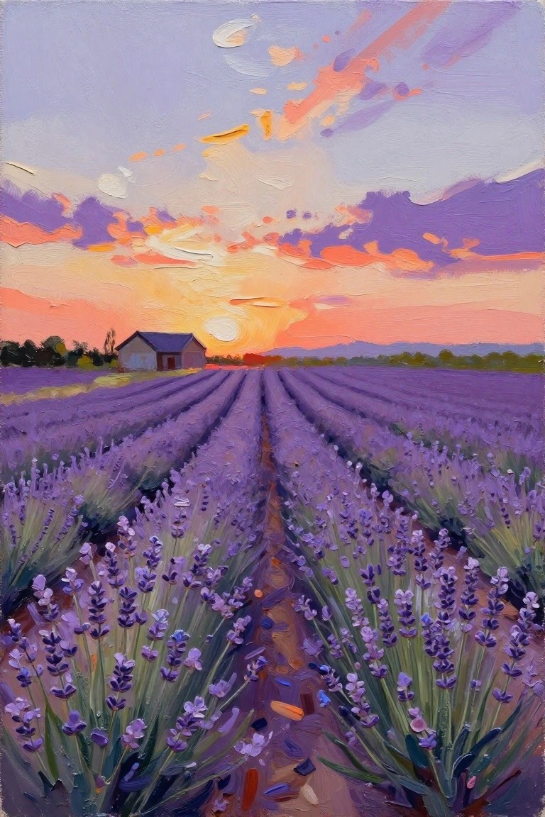 Acrylic painting of purple lavender fields in rows with a central dirt path leading to a gray house at sunset under a pink-orange-purple sky.