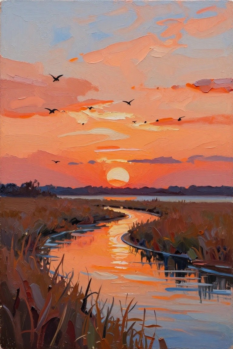 Acrylic painting of a orange-pink sunset over a marsh with tall reeds, a winding reflective river, and a flock of black birds flying in formation.