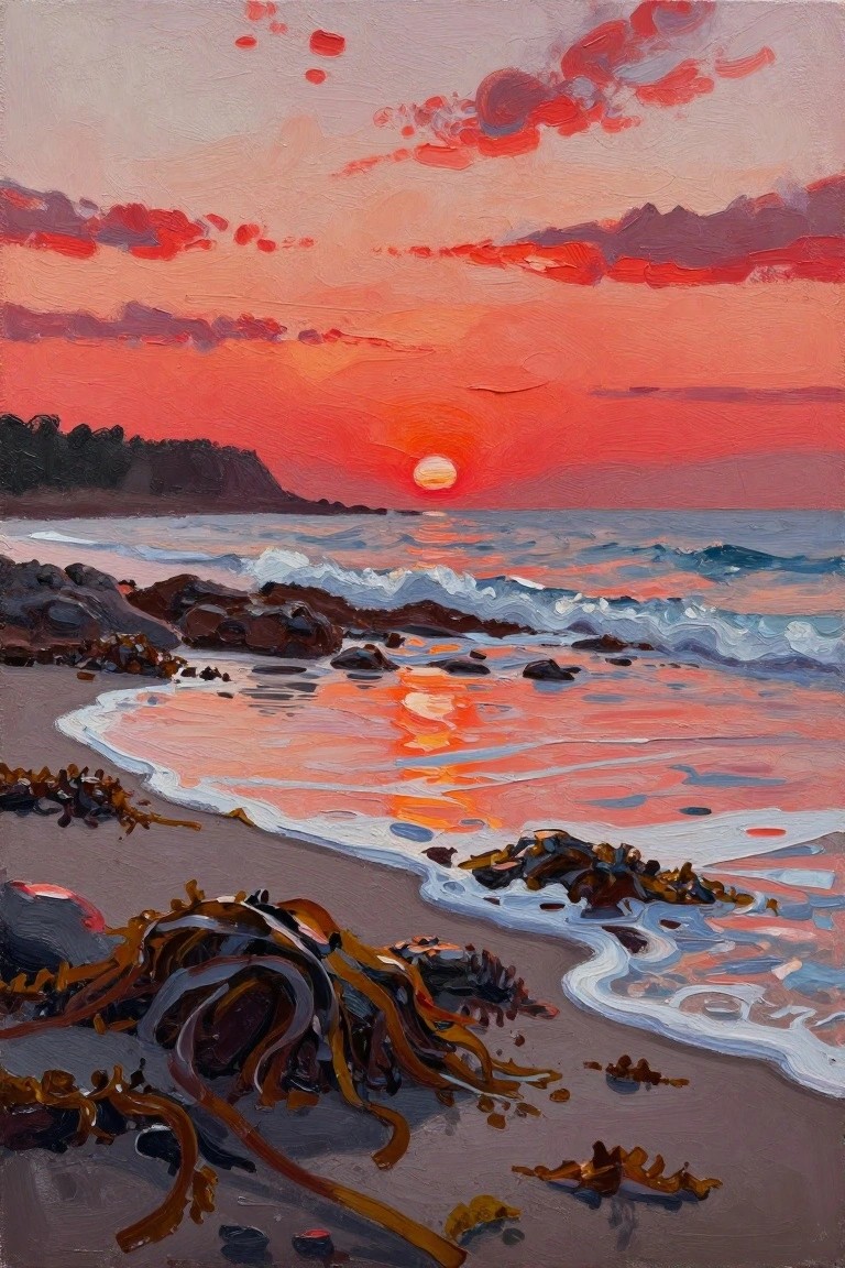 Acrylic painting of an orange sunset over a rocky beach with seaweed, waves reflecting light, distant cliffs, and trees.