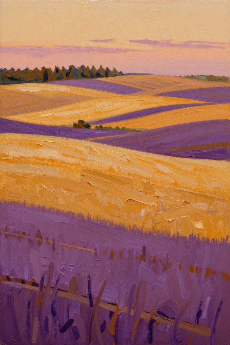 Acrylic landscape painting of undulating purple lavender and golden wheat fields with a wooden fence in the foreground under an orange sunset sky.