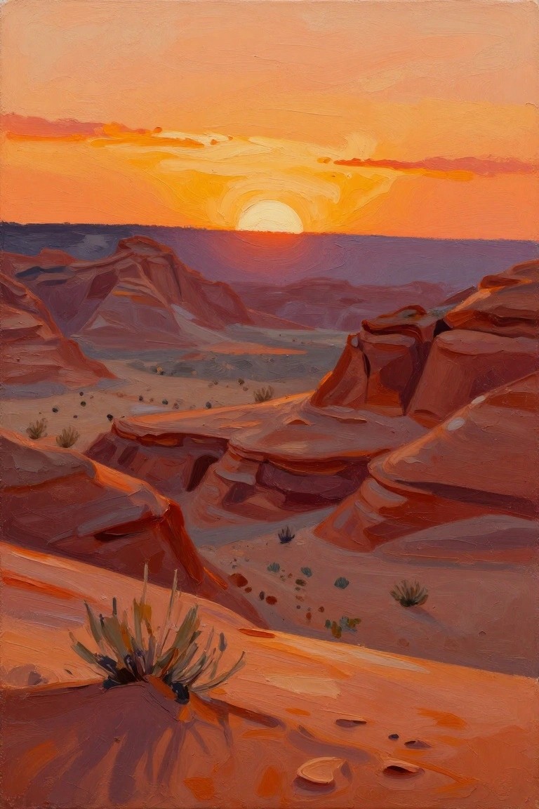 Acrylic painting of red rock canyons at sunset with the sun low on the horizon, layered cliffs, desert plants, and footprints in the foreground.