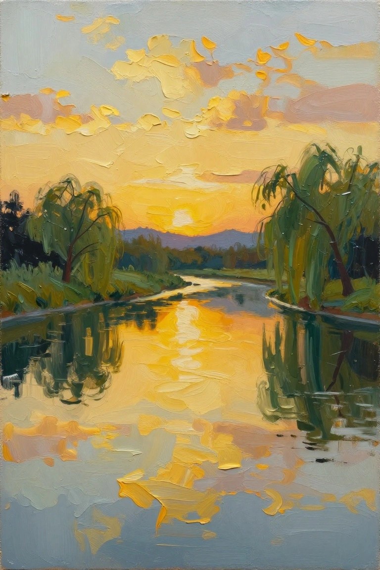 Acrylic painting of a golden sunset over a river with weeping willow trees framing both sides and reflections in the water.