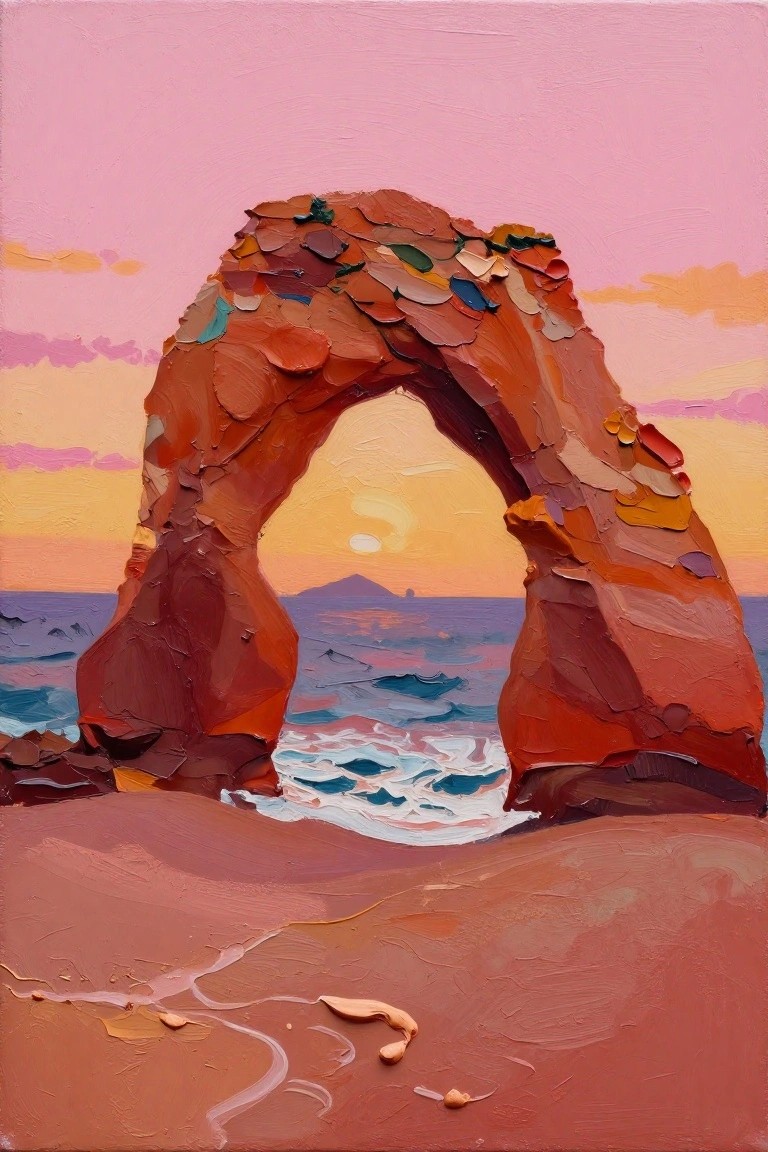 Acrylic painting of a textured orange rock arch framing a yellow sun setting over blue ocean waves on a pink sandy beach at sunset.