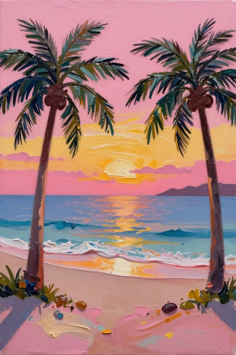 Acrylic painting of two palm trees framing a sunset over the ocean on a pink-tinted beach with waves, rocks, and plants in the foreground.