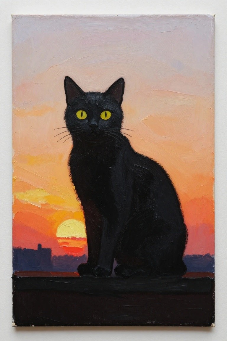 Black cat with yellow eyes silhouetted on a rooftop ledge against a pink-to-orange sunset sky, yellow sun, and distant buildings.