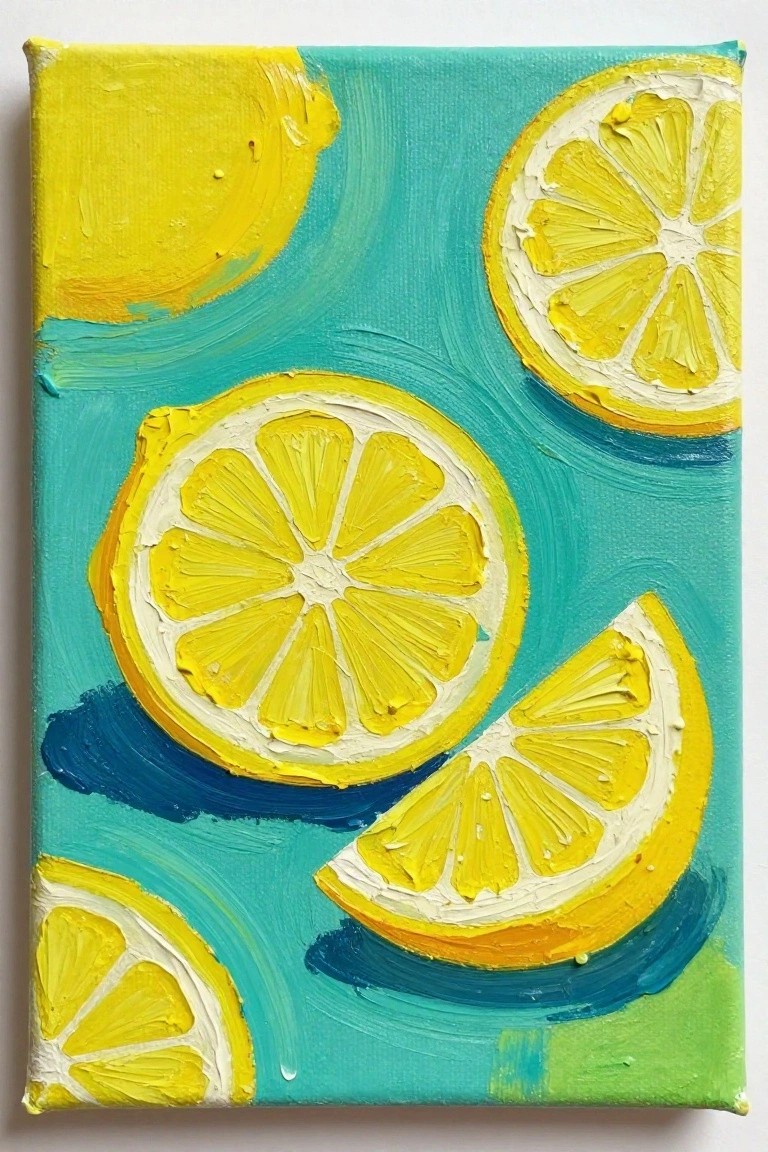 Acrylic painting of overlapping yellow lemon slices with textured white pulp on a teal canvas.