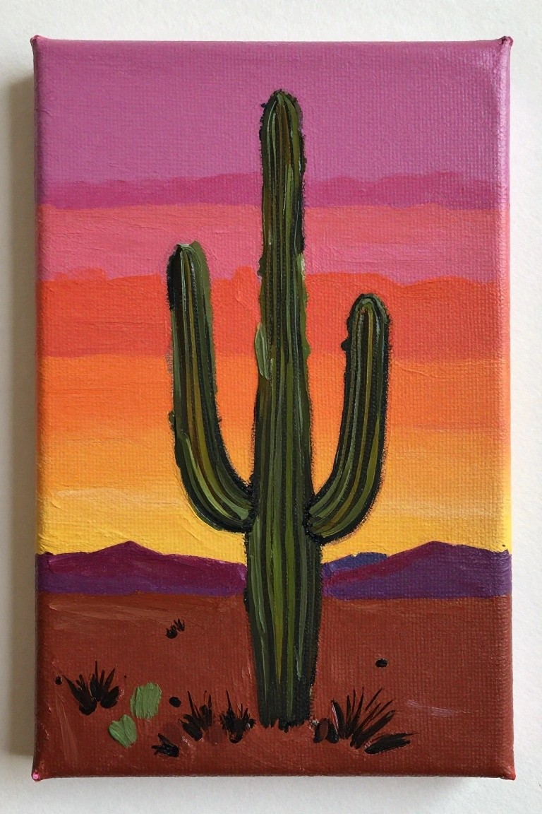 Acrylic painting on a small vertical canvas showing a green saguaro cactus centered in front of a purple-to-orange sunset gradient over a brown desert with hills, grasses, and prickly pears.