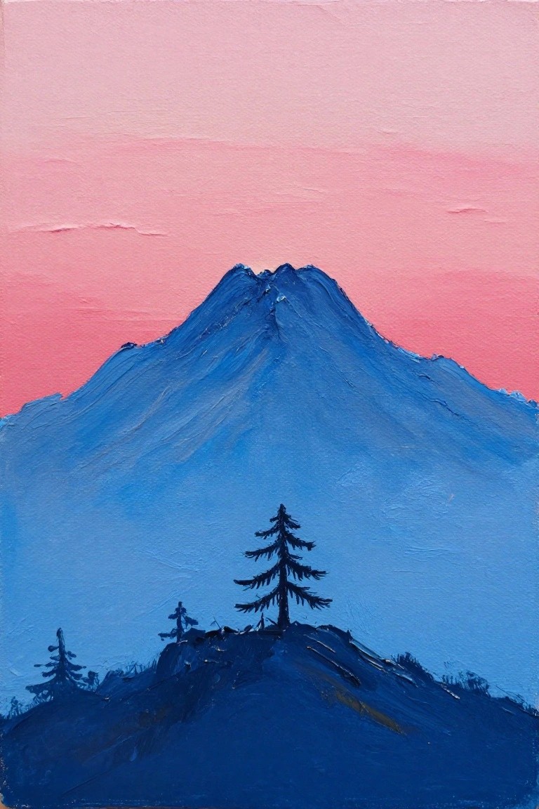 Acrylic painting of a blue mountain peak silhouetted against a pink dusk sky with dark pine trees in the foreground.