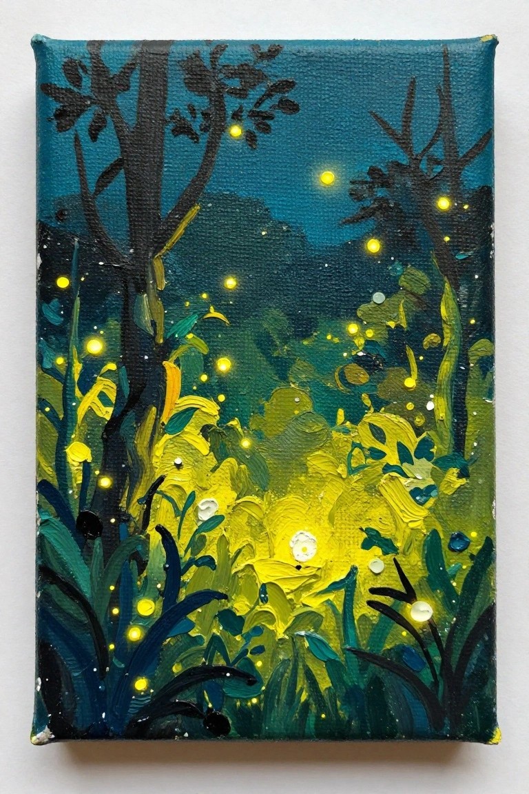 Acrylic painting on a small canvas depicting a dark silhouetted forest at night with glowing yellow fireflies illuminating green foliage against a teal background.