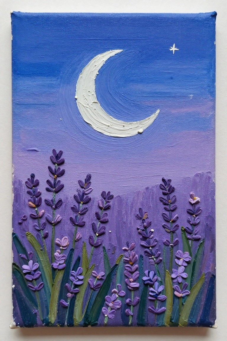 Acrylic painting of textured purple lavender flowers below a white crescent moon in a blue-purple night sky on a small canvas.