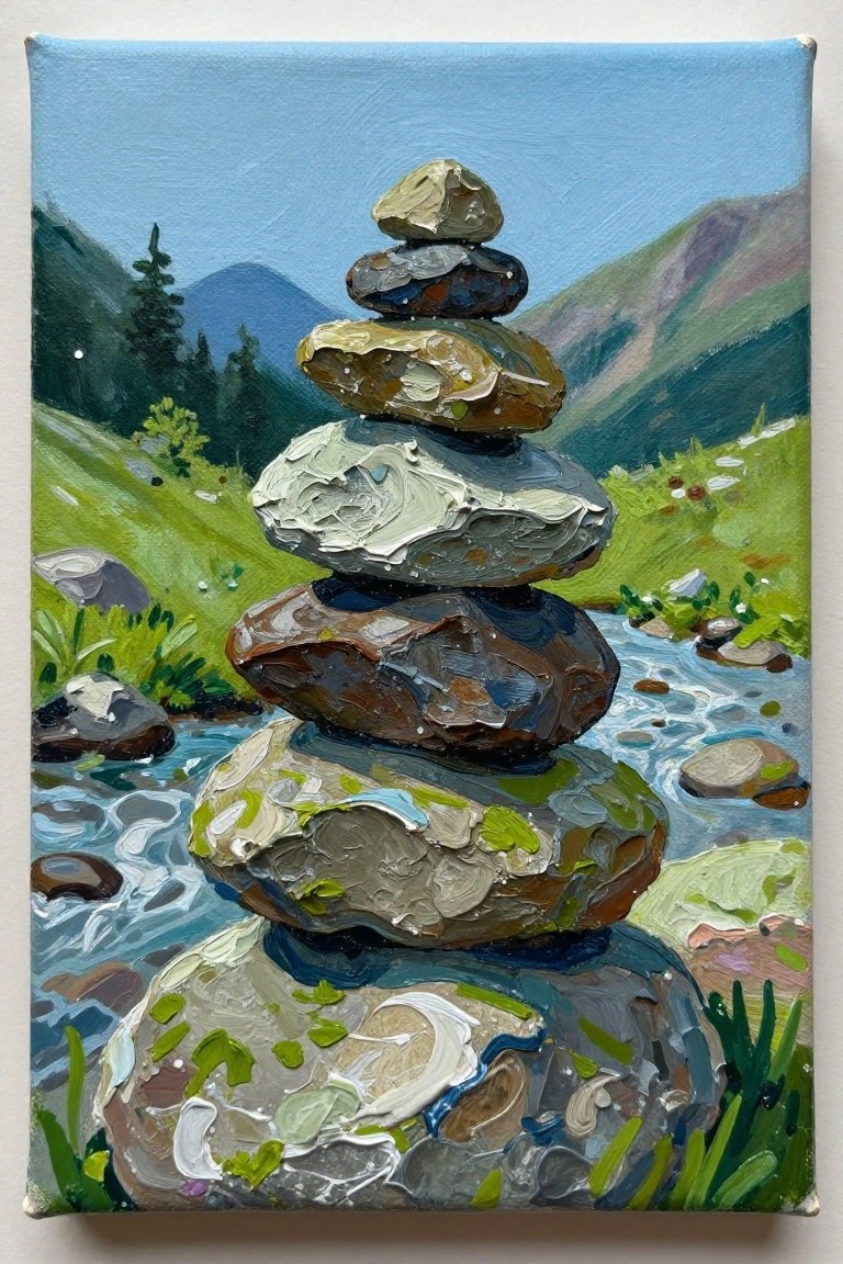 Acrylic painting of a tall stack of textured, mossy rocks next to a stream in a green valley with mountains and trees.