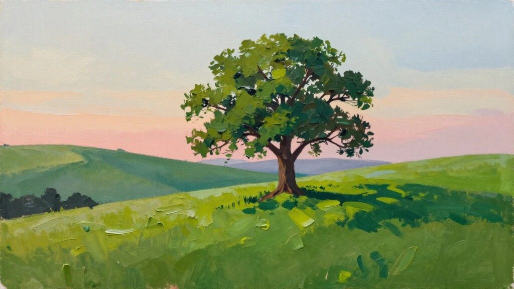 21 Creative Easy Canvas Painting Ideas for Stress-Free Weekend Projects Acrylic painting of a single green tree on a grassy hill casting a long shadow, set against a pink-orange sunset sky with distant purple hills.