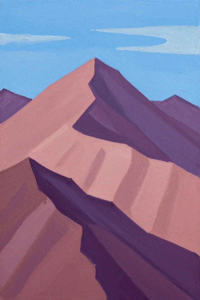 Acrylic painting of a tall peaked mountain in terracotta and violet shades with layered ridges under a blue sky and white cloud.