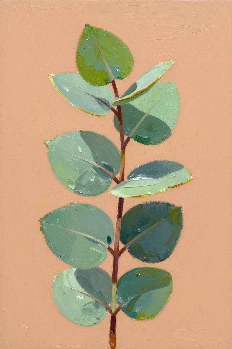Vertical acrylic painting of eucalyptus leaves in shades of green on a peach background with a central red stem.