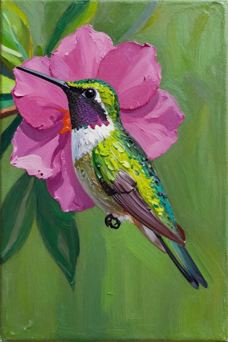 Acrylic painting of a detailed green and purple hummingbird perched on and feeding from a large pink flower amid green leaves on a green background.