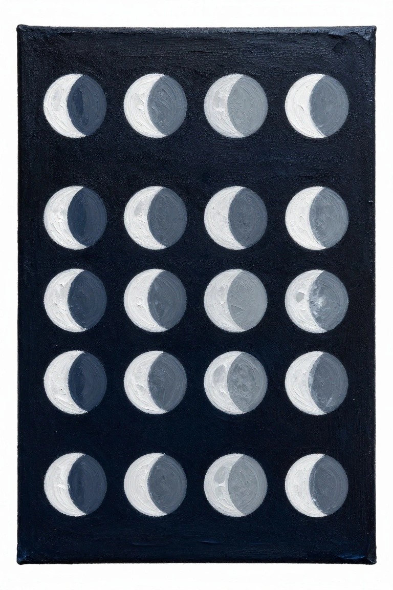 Acrylic painting of numerous moon phases in whites and grays arranged in a grid on black canvas.