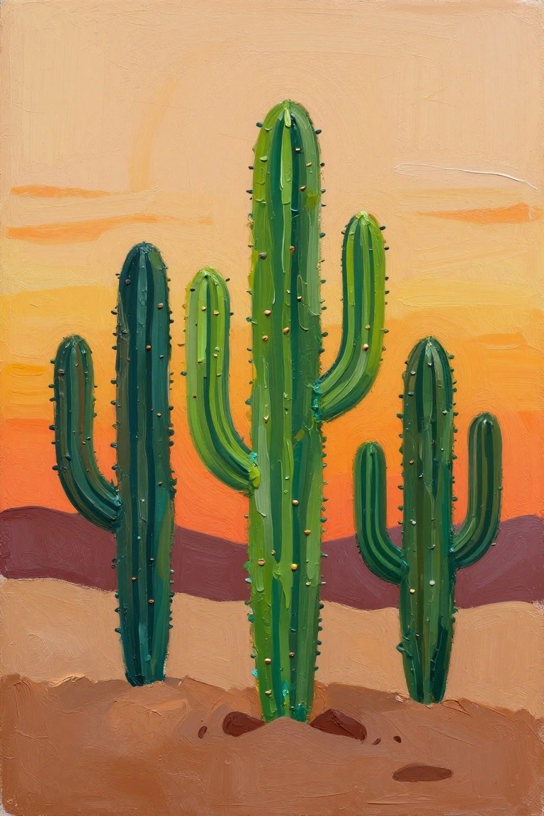 Acrylic painting of four tall green cacti with spines against an orange sunset sky, sandy ground, and distant hills.