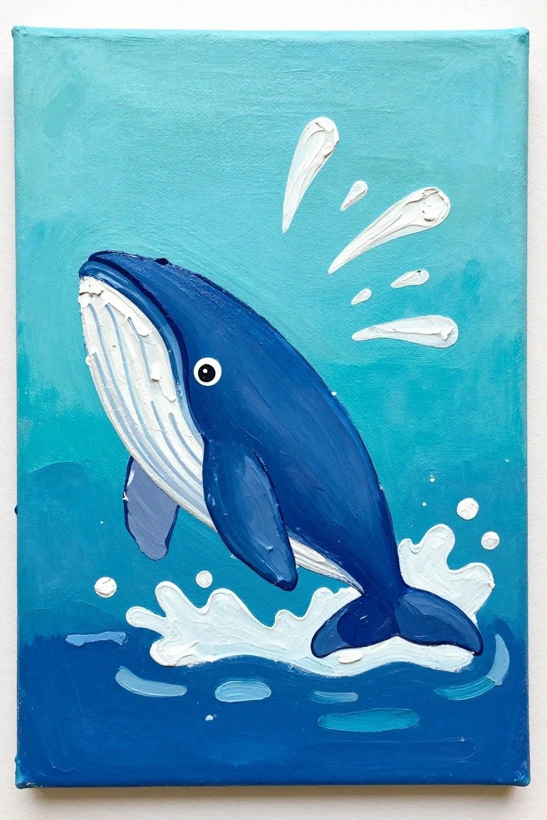 Acrylic painting of a blue humpback whale breaching upward from waves with white textured splashes on a blue gradient canvas.