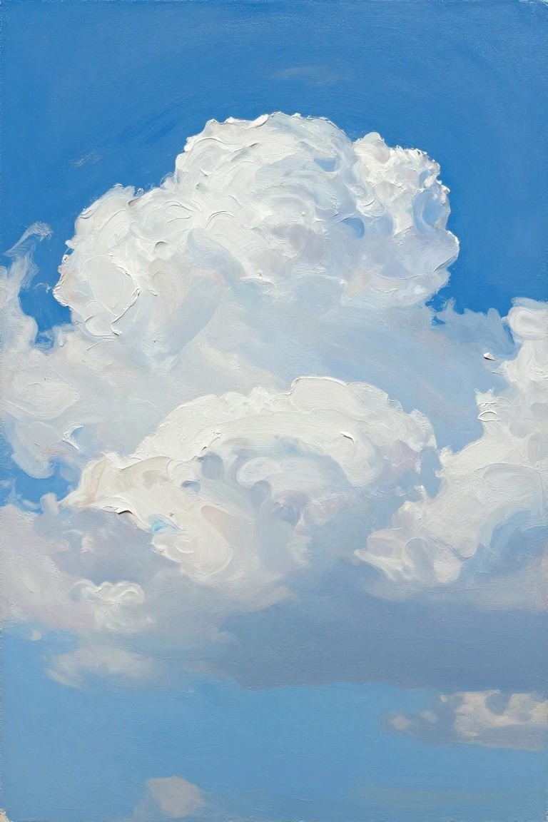 Acrylic painting of a large fluffy white cumulus cloud against a gradient blue sky with textured impasto brushwork.